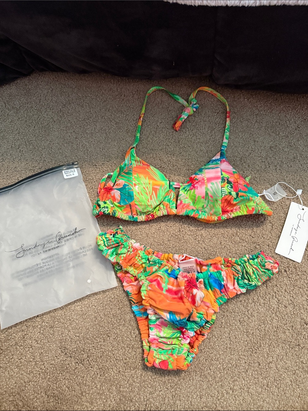 Tropical Floral Ruched Bikini Set - Green & Orange